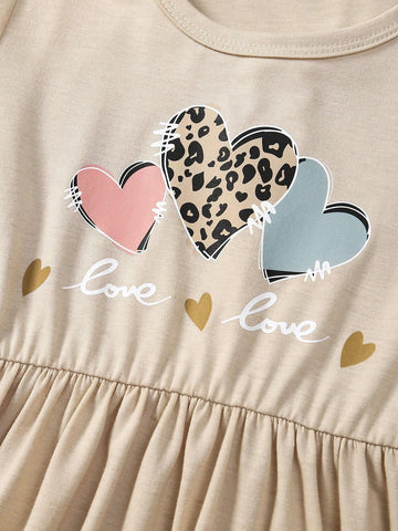 3pcs Girls Heart Print Knit Long Sleeve Pullover Sweater And Dress Set, For Spring/Autumn