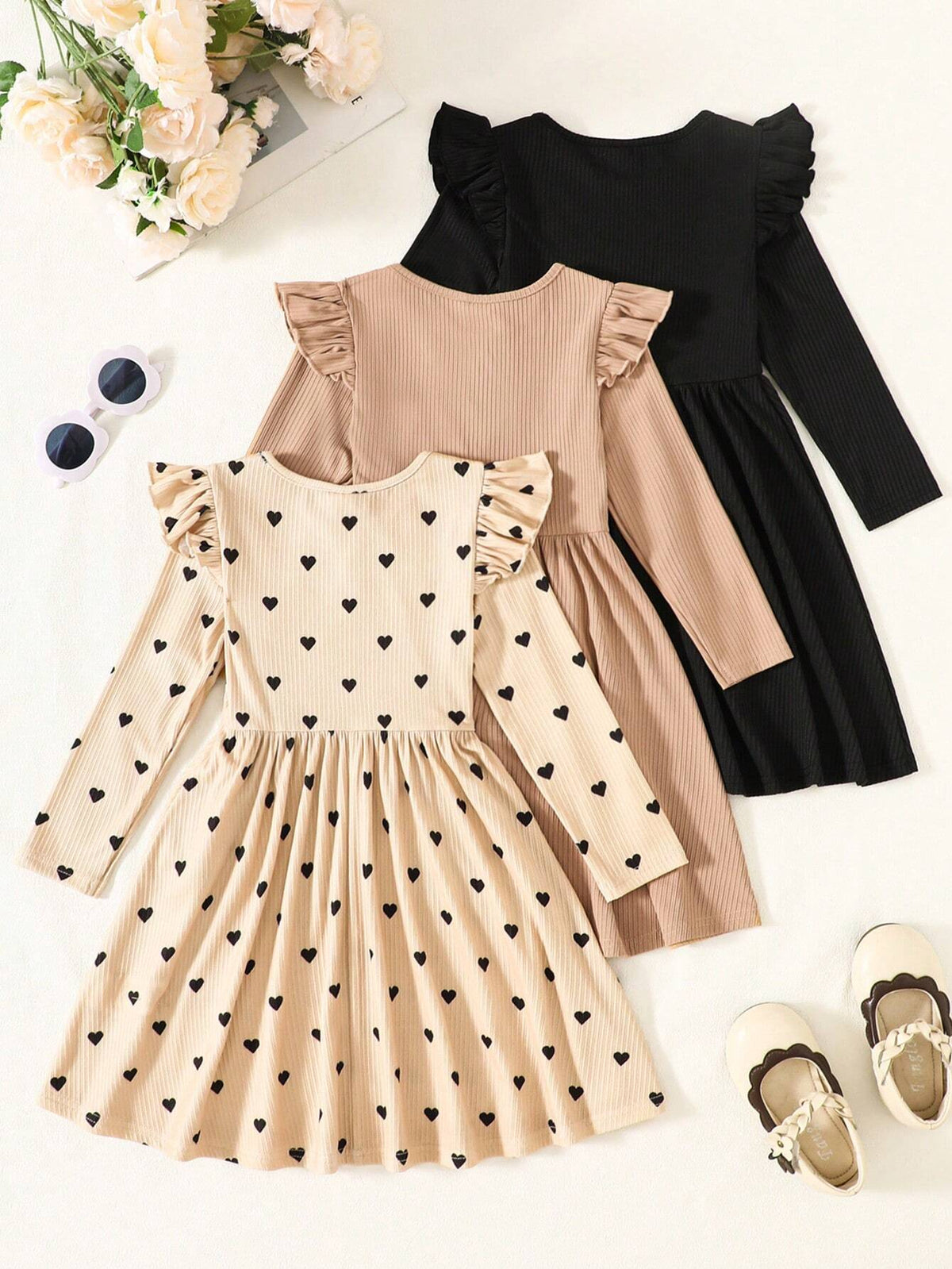3pcs Girls Knitted Solid Color Cap Sleeve Fit And Flare Casual Dress Set,Buy One Get Two Free,Suitable Casual Everyday Wear