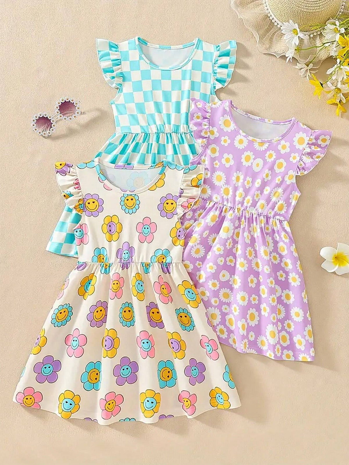 3pcs Girls' Outdoor Vacation Style Smiling Face, Small Flower And Plumeria Pattern Dress Set, Summer