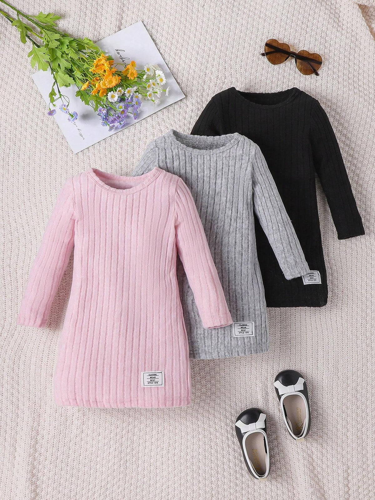 3pcs Girls' Solid Color Ribbed Elegant Dress Set