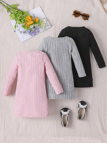 3pcs Girls' Solid Color Ribbed Elegant Dress Set