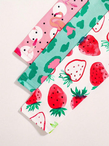 3pcs Girls Spring/Autumn Dresses, Includes Strawberry Print, Love Leopard Print, And Black & White Polka Dot Feather Flamingo Pattern
