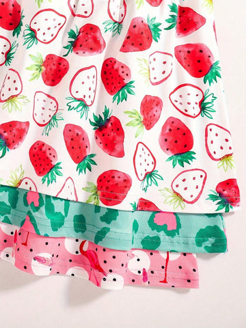 3pcs Girls Spring/Autumn Dresses, Includes Strawberry Print, Love Leopard Print, And Black & White Polka Dot Feather Flamingo Pattern