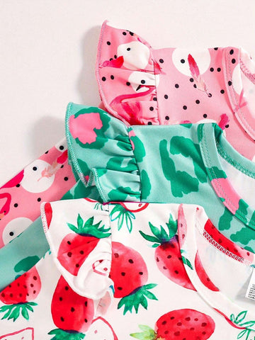 3pcs Girls Spring/Autumn Dresses, Includes Strawberry Print, Love Leopard Print, And Black & White Polka Dot Feather Flamingo Pattern