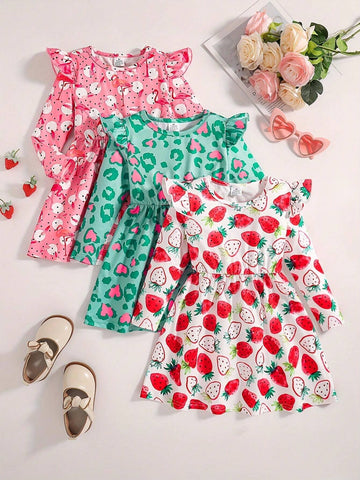 3pcs Girls Spring/Autumn Dresses, Includes Strawberry Print, Love Leopard Print, And Black & White Polka Dot Feather Flamingo Pattern