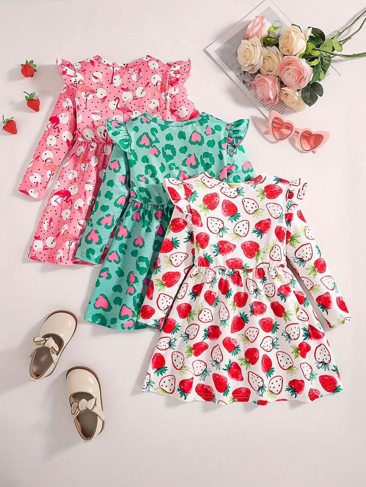 3pcs Girls Spring/Autumn Dresses, Includes Strawberry Print, Love Leopard Print, And Black & White Polka Dot Feather Flamingo Pattern