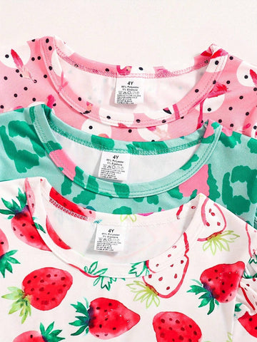 3pcs Girls Spring/Autumn Dresses, Includes Strawberry Print, Love Leopard Print, And Black & White Polka Dot Feather Flamingo Pattern