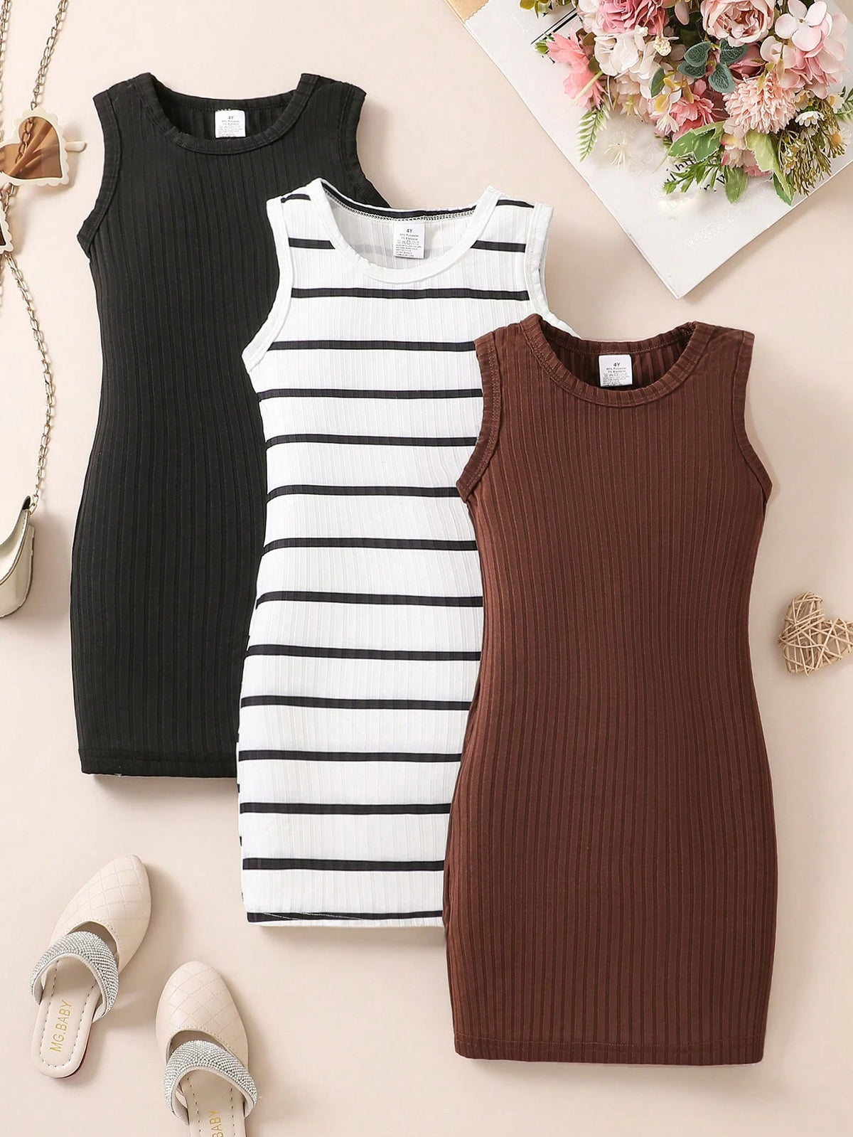 3pcs Girls Summer Dresses, Young Girl Solid & Striped Sleeveless Knit Casual Sundress, Girls Versatile Outdoor Simple And Comfortable Elegant Retro Stylish Outfit