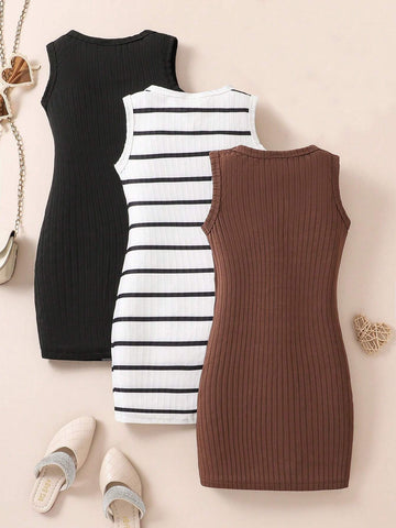 3pcs Girls Summer Dresses, Young Girl Solid & Striped Sleeveless Knit Casual Sundress, Girls Versatile Outdoor Simple And Comfortable Elegant Retro Stylish Outfit
