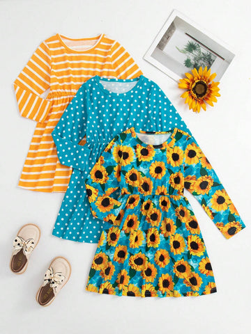 3pcs Girls Sunflower, Striped, Polka Dot Printed Long Sleeve Dress Set