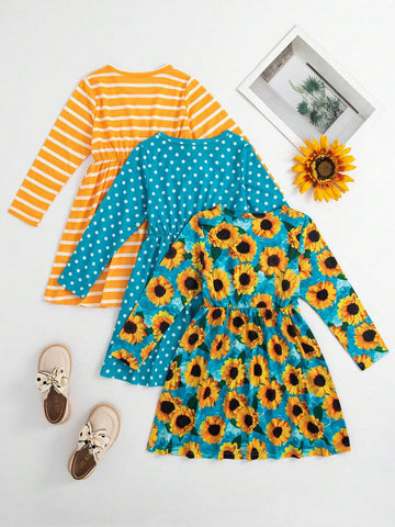 3pcs Girls Sunflower, Striped, Polka Dot Printed Long Sleeve Dress Set