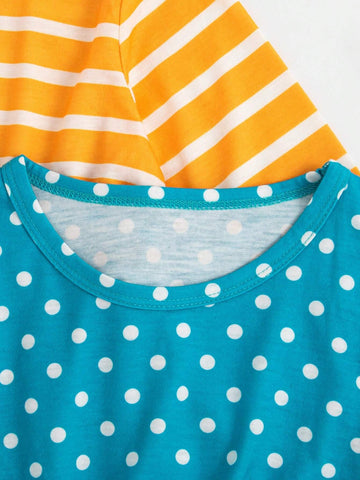 3pcs Girls Sunflower, Striped, Polka Dot Printed Long Sleeve Dress Set