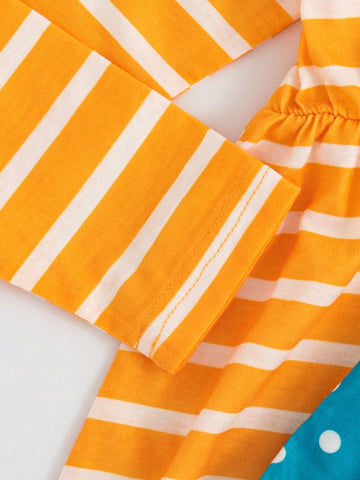 3pcs Girls Sunflower, Striped, Polka Dot Printed Long Sleeve Dress Set