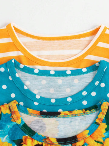 3pcs Girls Sunflower, Striped, Polka Dot Printed Long Sleeve Dress Set