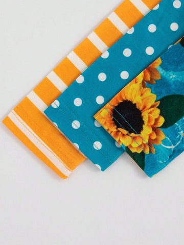 3pcs Girls Sunflower, Striped, Polka Dot Printed Long Sleeve Dress Set