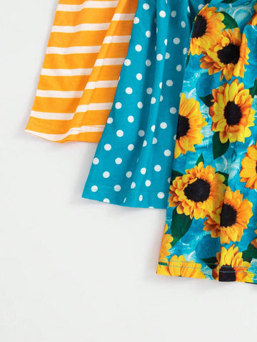 3pcs Girls Sunflower, Striped, Polka Dot Printed Long Sleeve Dress Set