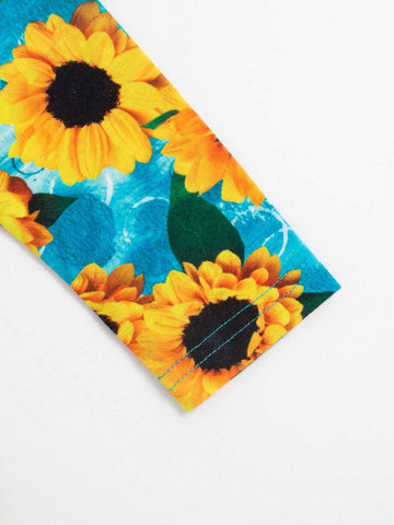 3pcs Girls Sunflower, Striped, Polka Dot Printed Long Sleeve Dress Set