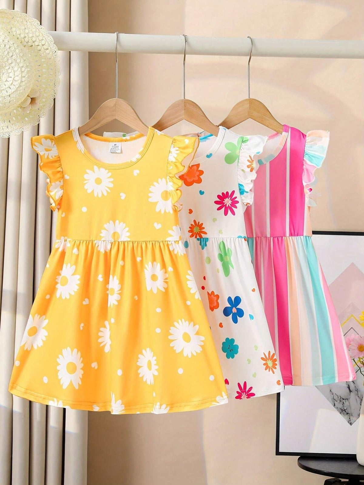 3pcs Girls Sweet Floral Print Ruffle Sleeve Dresses Set For Summer Holiday Leisure