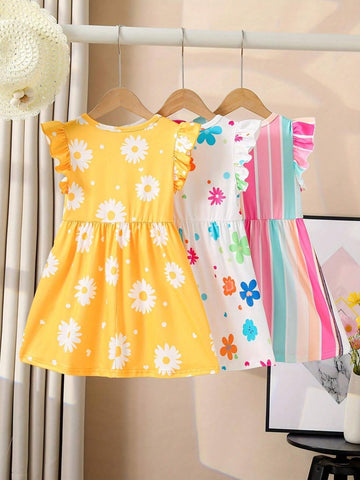 3pcs Girls Sweet Floral Print Ruffle Sleeve Dresses Set For Summer Holiday Leisure
