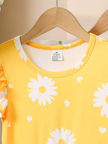 3pcs Girls Sweet Floral Print Ruffle Sleeve Dresses Set For Summer Holiday Leisure