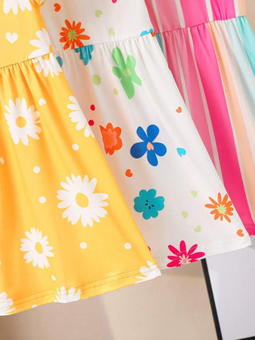 3pcs Girls Sweet Floral Print Ruffle Sleeve Dresses Set For Summer Holiday Leisure