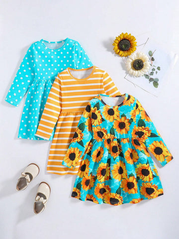 3pcs Little Girls' Cute Sunflower-Stripes-Polka Dots Long Sleeve Dress Set, Spring And Autumn
