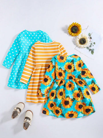 3pcs Little Girls' Cute Sunflower-Stripes-Polka Dots Long Sleeve Dress Set, Spring And Autumn