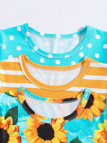 3pcs Little Girls' Cute Sunflower-Stripes-Polka Dots Long Sleeve Dress Set, Spring And Autumn