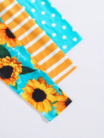 3pcs Little Girls' Cute Sunflower-Stripes-Polka Dots Long Sleeve Dress Set, Spring And Autumn