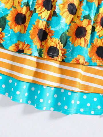 3pcs Little Girls' Cute Sunflower-Stripes-Polka Dots Long Sleeve Dress Set, Spring And Autumn