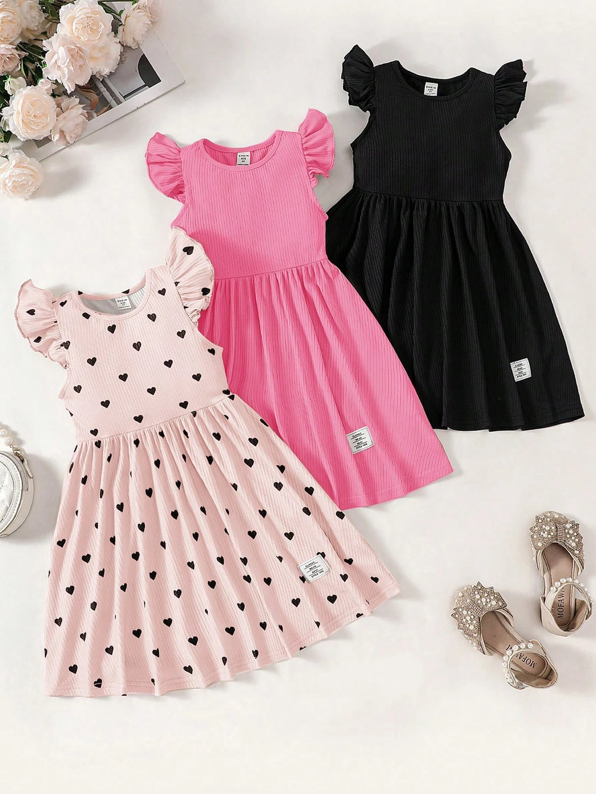 3pcs Set: Knit Solid Color Cap Sleeve Fitted Casual Dress For Young Girl