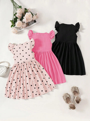 3pcs Set: Knit Solid Color Cap Sleeve Fitted Casual Dress For Young Girl