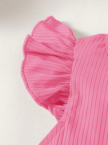 3pcs Set: Knit Solid Color Cap Sleeve Fitted Casual Dress For Young Girl