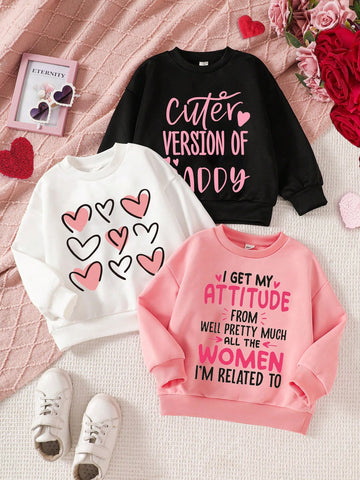 3pcs Set Young Girl Heart & Letter Print Thickened Thermal Lined Long Sleeve Sweatshirts, Suitable For Autumn/Winter