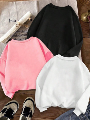 3pcs Set Young Girl Heart & Letter Print Thickened Thermal Lined Long Sleeve Sweatshirts, Suitable For Autumn/Winter