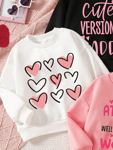 3pcs Set Young Girl Heart & Letter Print Thickened Thermal Lined Long Sleeve Sweatshirts, Suitable For Autumn/Winter