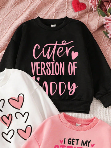 3pcs Set Young Girl Heart & Letter Print Thickened Thermal Lined Long Sleeve Sweatshirts, Suitable For Autumn/Winter