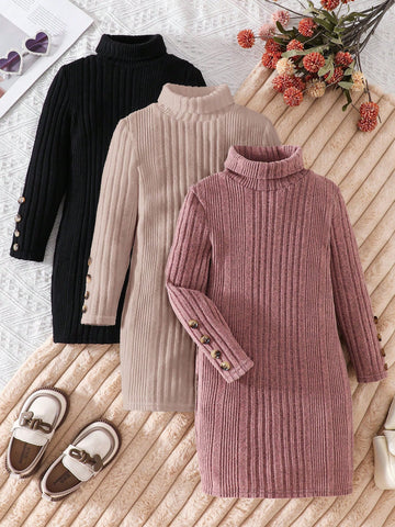 3pcs Set Young Girl Knit Solid Color Stand Collar Fitted Casual Dress