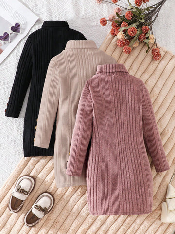 3pcs Set Young Girl Knit Solid Color Stand Collar Fitted Casual Dress