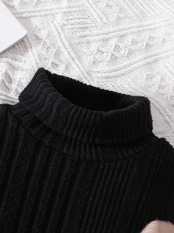 3pcs Set Young Girl Knit Solid Color Stand Collar Fitted Casual Dress