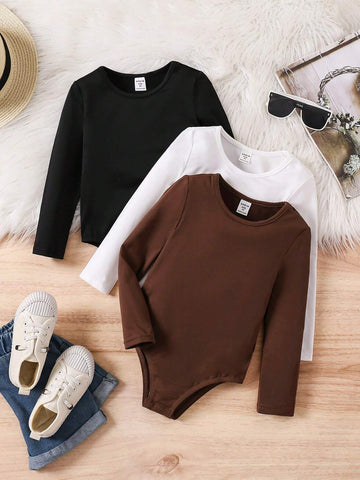 3pcs Set Young Girl Knit Solid Mock Neck Fitted Casual Jumpsuit