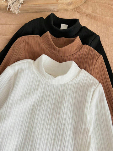 3pcs Set: Young Girl Solid Color Knitted Collared Fitted Casual Jumpsuit