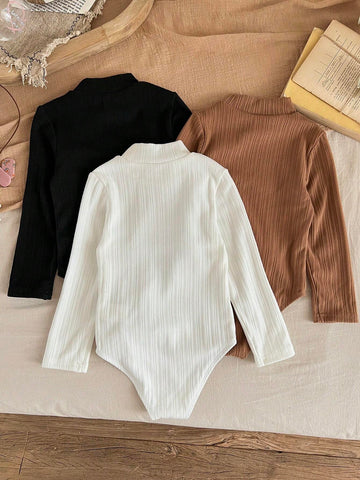 3pcs Set: Young Girl Solid Color Knitted Collared Fitted Casual Jumpsuit