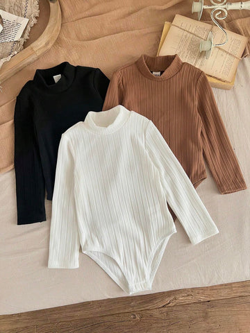 3pcs Set: Young Girl Solid Color Knitted Collared Fitted Casual Jumpsuit