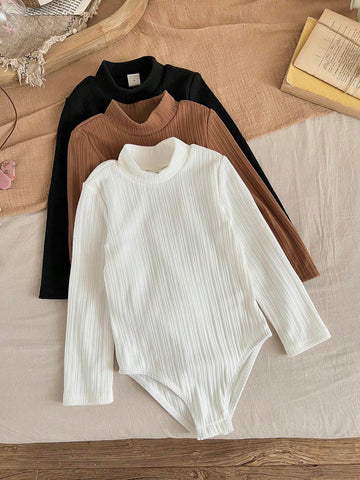 3pcs Set: Young Girl Solid Color Knitted Collared Fitted Casual Jumpsuit