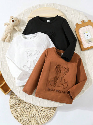 3pcs Set Young Girls Solid Color Knit Round Neck Casual T-Shirt With 3D Bear Pattern