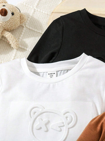 3pcs Set Young Girls Solid Color Knit Round Neck Casual T-Shirt With 3D Bear Pattern