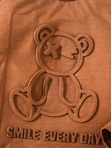 3pcs Set Young Girls Solid Color Knit Round Neck Casual T-Shirt With 3D Bear Pattern