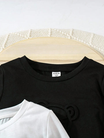 3pcs Set Young Girls Solid Color Knit Round Neck Casual T-Shirt With 3D Bear Pattern