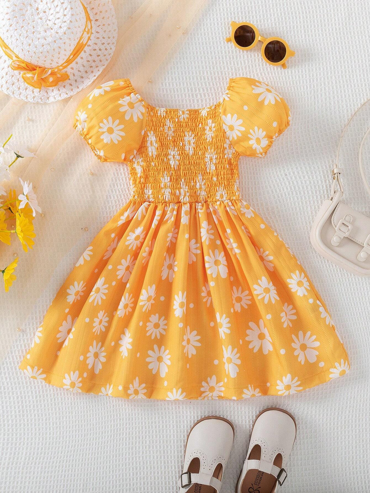 3pcs Solid Color Daisy Print Short Sleeve Dress With Hat And Headscarf, Summer